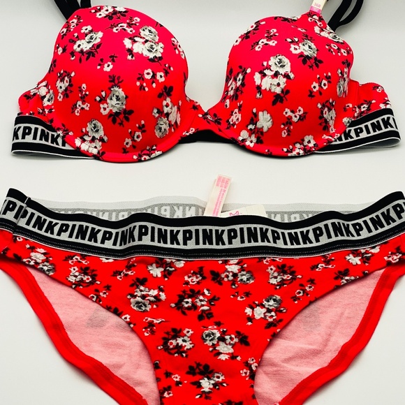 Victoria's Secret PINK NEW RARE BRA 36B AND BIKINI (M) SET RED/BLACK FLORAL - Picture 1 of 10